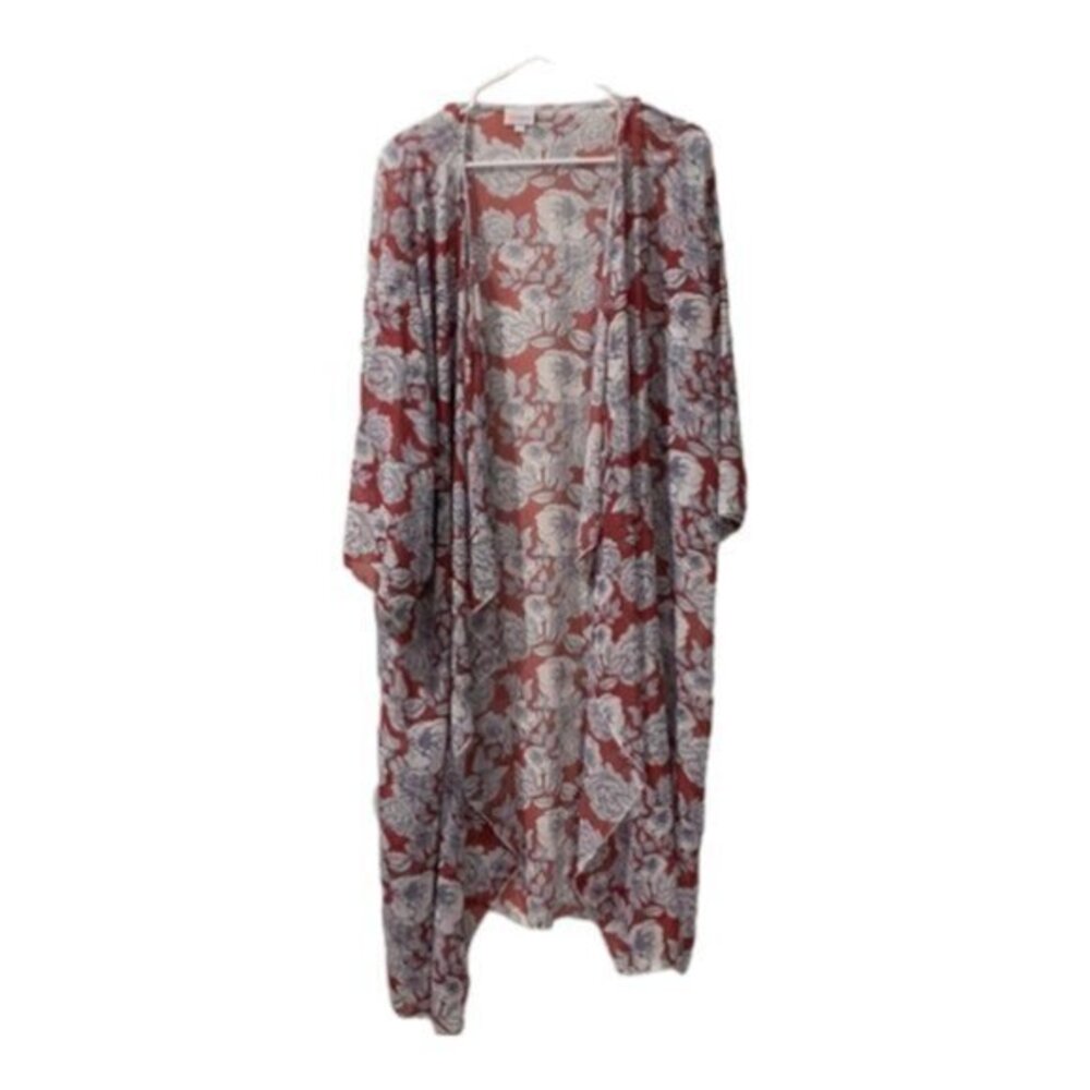 Lularoe LLR Red Floral Sheer Sarah Cardigan Kimono Patriotic Size XL EUC #7036